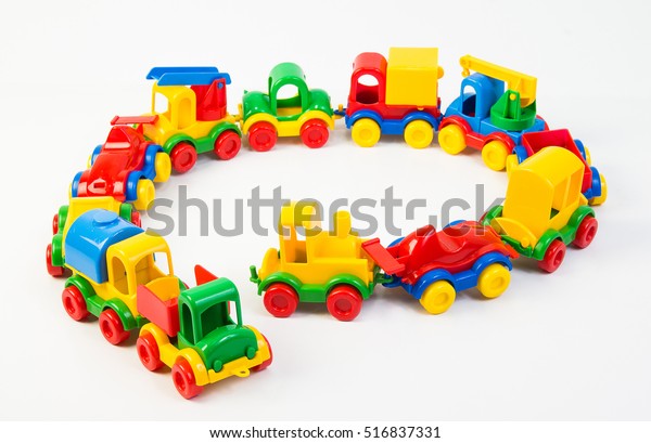 Plastic toys. Cars.Colorful toy truck\
isolated on white\
background.
