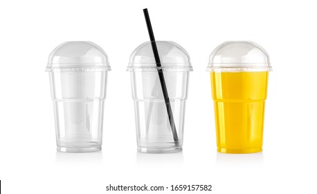 Plastic transparent disposable cup with straw for cocktai, with clipping path