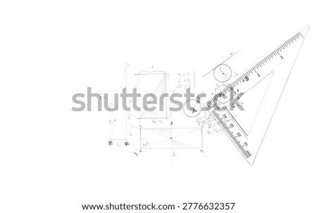 Plastic transparent ruler and semicircle protractor with abstract drawings of geometric shapes isolated on white background, design element