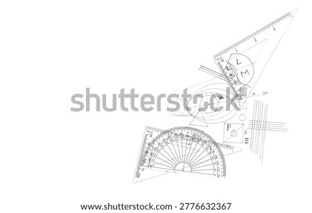 Plastic transparent ruler and semicircle protractor with abstract drawings of geometric shapes isolated on white background, design element