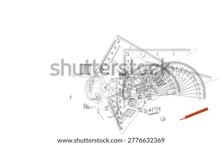 Plastic transparent ruler and semicircle protractor with abstract drawings of geometric shapes isolated on white background, design element
