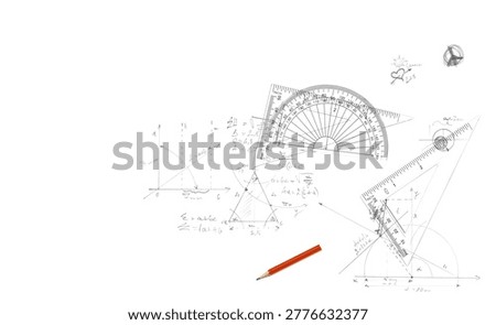 Plastic transparent ruler and semicircle protractor with abstract drawings of geometric shapes isolated on white background, design element