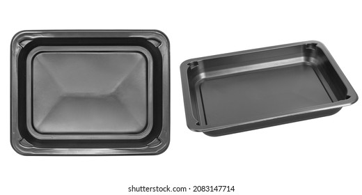 Plastic tray, food tray, meal tray, black plastic tray from two viewing angles