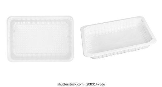 Plastic tray, food tray, meal tray, white plastic tray from two viewing angles