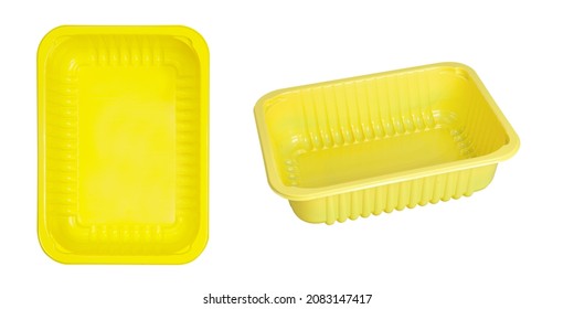 Plastic tray, food tray, meal tray, yellow plastic tray from two viewing angles