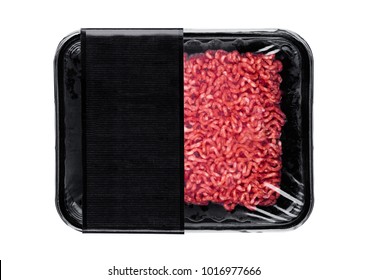 Plastic tray with raw fresh beef minced meat on white background
