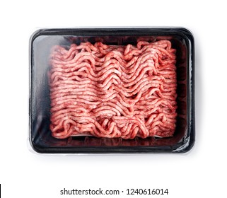 Plastic Tray With Raw Fresh Pork Minced Meat On White Background. Packaging Design For Mock Up.