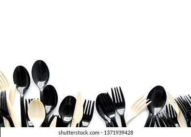 Plastic utilization concept with flatware on white background top view mock up