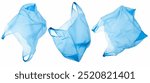 plastic waste, blue disposable shopping plastic bags, different views, crumpled texture