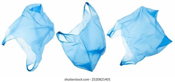 plastic waste, blue disposable shopping carrier plastic bags, different views, crumpled texture, plastic pollution