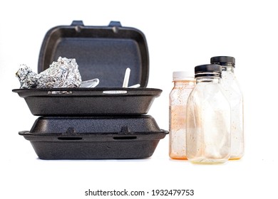 
Plastic Waste
 From Takeaway Food. Dirty Containers And Bottlenecks From The Delivery Service. Isolate On A White Background.