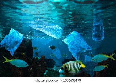 Plastic Water Bottle And Bag Floating In Sea Concept For Environmental Pollution Of Plastic Water Bottle In The Ocean