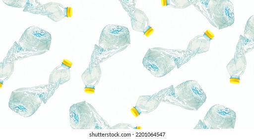 Plastic water bottle with empty crumpled used isolated on white background, reuse, recycle, pollution, environment, ecology, global warming concept.