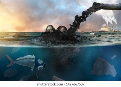 Plastic And Water Pollution, Industry Pipe Release The Wastewater And Plastic Garbage Into The Ocean Impact To Environment Of Fish And Aquatic Animal Under The Sea