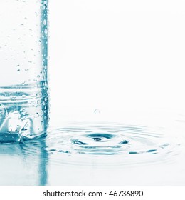 Plastic wet bottle with water and little drop with ripples on water surface
