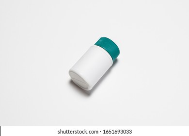 Plastic White Pill Or Vitamin Dietary Supplement Bottle, Medical Drug Plastic Bottle Isolated On White Background With Clipping Path.High Resolution Photo.Top View