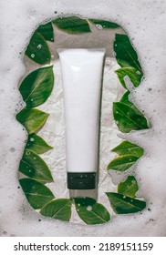 Plastic White Tube And The Appearance Of The Texture Of The Foam With Green Tea Extract. Skincare Cleansing Cosmetic In Top View. Beauty Concept For Face Care