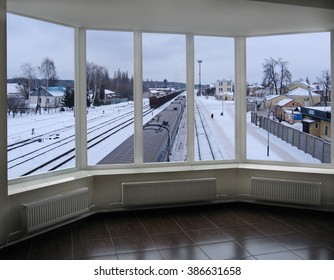 plastic window with view of permanent way in winter
