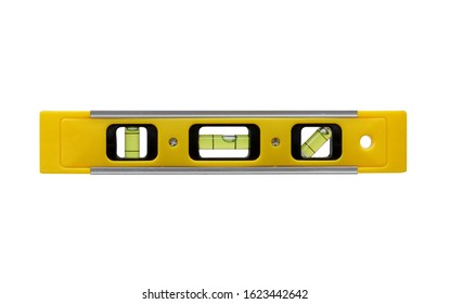 Plastic Yellow Level Tool With Capsules Isolated On White Background, Close Up