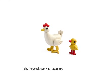 
Plasticine Chicken Mom And Chick  Baby. 
Farm Animals On A White Background