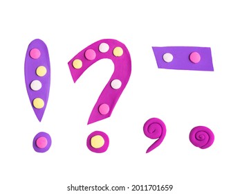Plasticine clay handmade craft punctuation marks in nursery elementary style.
