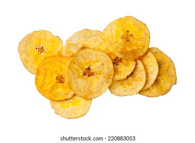 Platano plantain chips on white background, close up