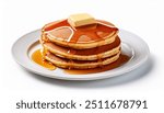 A plate of American pancakes with syrup and butter isolated on white background