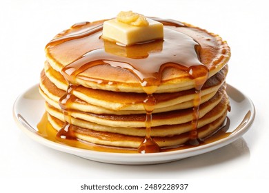 A plate of American pancakes with syrup and butter isolated on white background