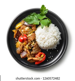 Plate Of Asian Food, Rice With Meat And Vegetables Isolated On White Background, Top View