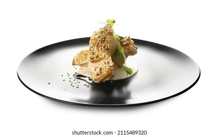 Plate With Baked Cod Fillet, Greens And Sauce On White Background