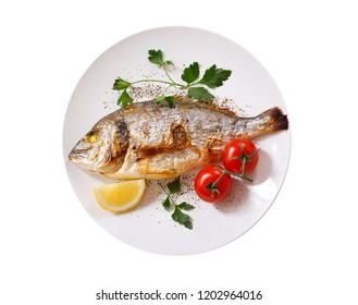 Plate Of Baked Fish Isolated On White Background, Top View