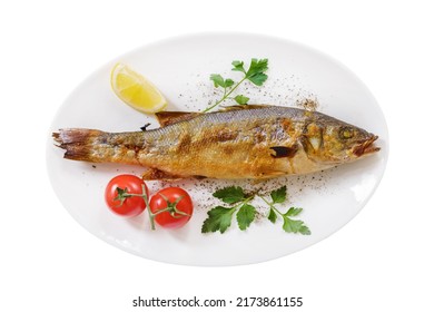 Plate Of Baked Sea Bass Isolated On White Background, Top View