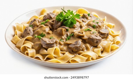 A plate of beef and mushroom stroganoff served over egg noodles, garnished with parsley. - Powered by Shutterstock