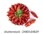 a plate of boiled crawfish isolated on white background.