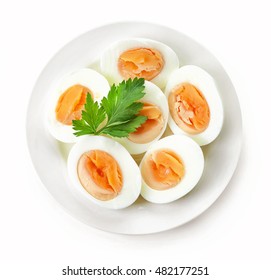 Plate Of Boiled Eggs Isolated On White Background, Top View