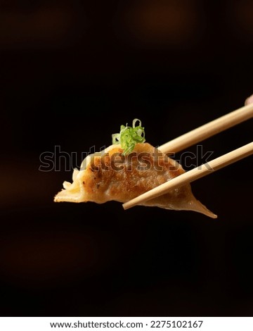 A plate of boiled gyozas, a traditional Japanese dumpling filled with pork and vegetables, served at an izakaya restaurant. Close-up. Vertical shot for social media.