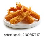 plate of breaded Torpedo shrimps isolated on white background