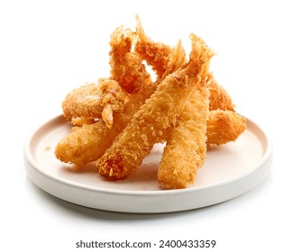 plate of breaded Torpedo shrimps isolated on white background