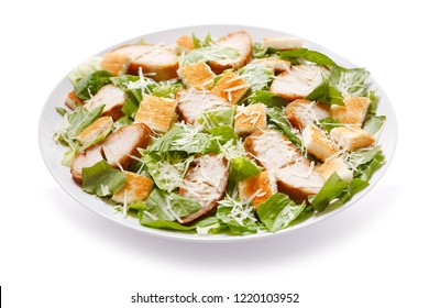 Plate Of Chicken Caesar Salad Isolated On White Background