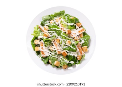 plate of chicken caesar salad isolated on white background, top view