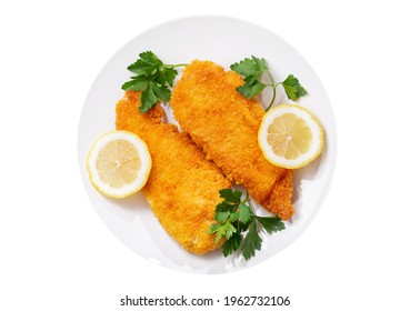 Plate Of Chicken Schnitzel Isolated On White Background, Top View 