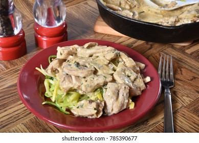 A Plate Of Chicken Stroganoff On Zucchini Noodles 