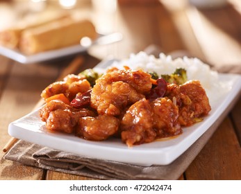 Plate Of Chinese General Tsos Chicken With Rice And Broccoli