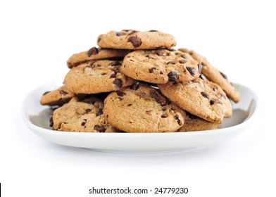 Plate Of Chocolate Chip Cookies Isolated On White Background