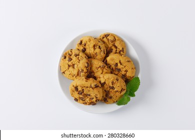 Plate Of Chocolate Chip Cookies On White Background