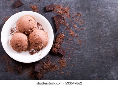 Plate Of Chocolate Ice Cream Scoops On Dark Background, Top View Copy Space.