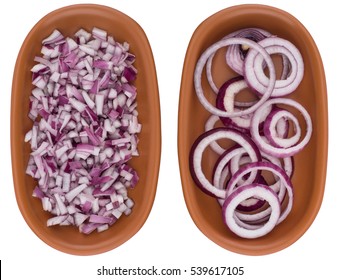 Plate Of Chopped Red Onion On White Background. Top View.