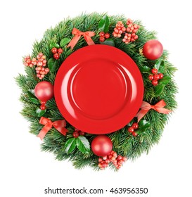 Plate In A Christmas Decorations Isolated On White