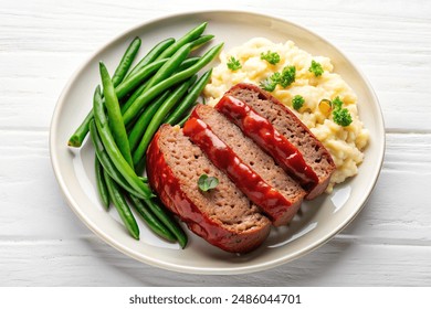 A plate of classic meatloaf with mashed potatoes and green beans, top view, on a white background - Powered by Shutterstock