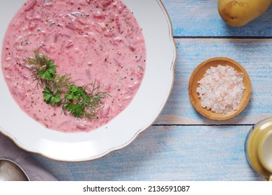 A Plate With Cold Beetroot Soup - National Dish Of Baltic Region	